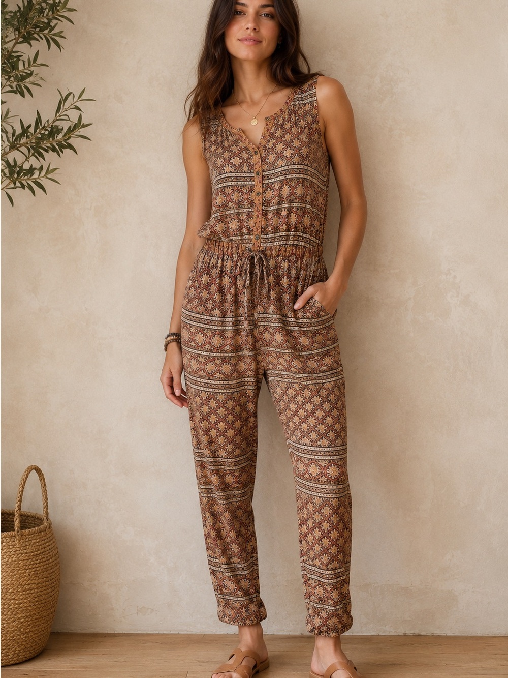 Sleeveless Printed Jumpsuit in Brown